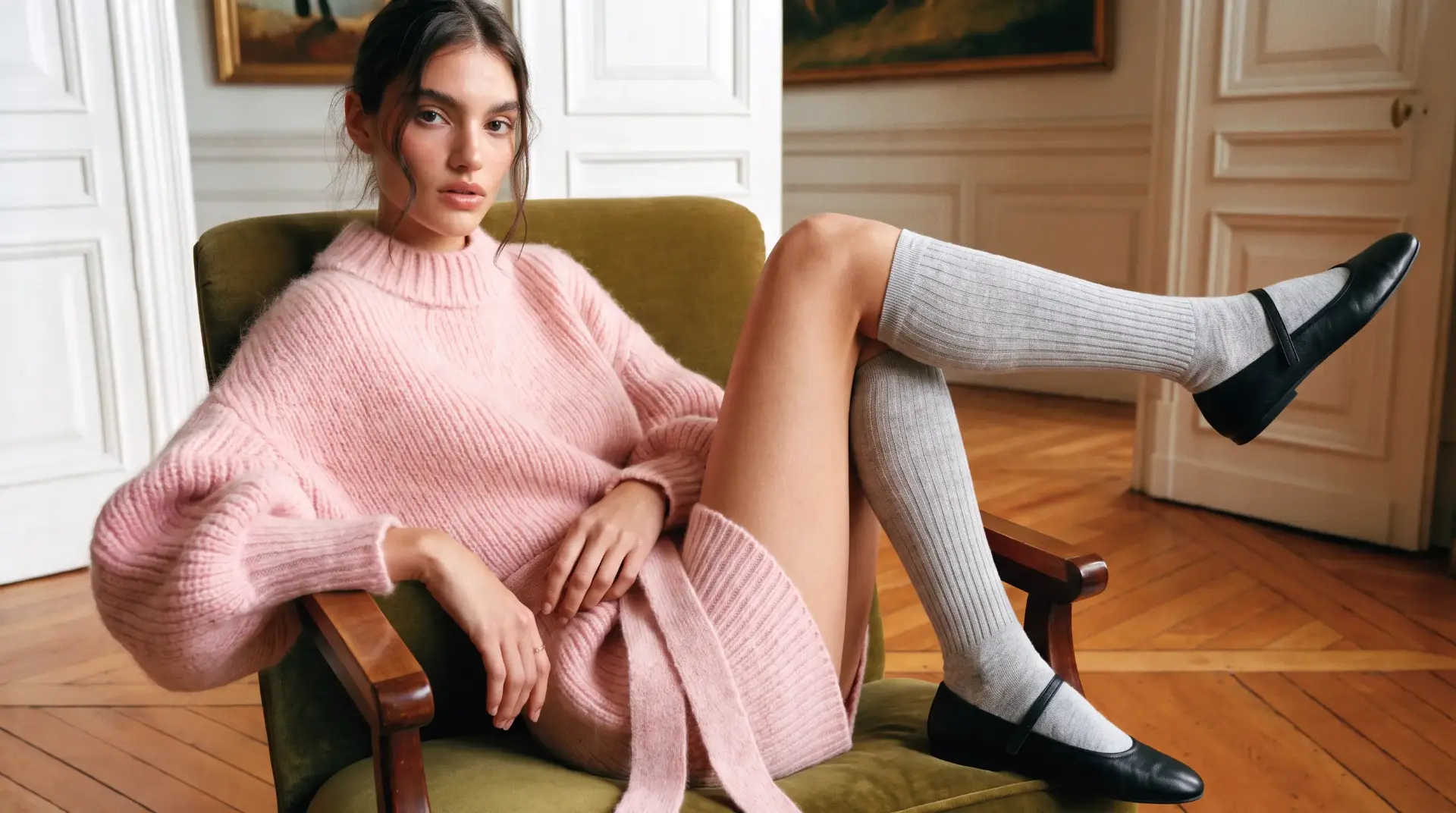Model wearing a pink knit sweater, grey knee socks and black Mary Jane flats on a green velvet armchair in a Parisian apartment, created by ENLY as AI product photography