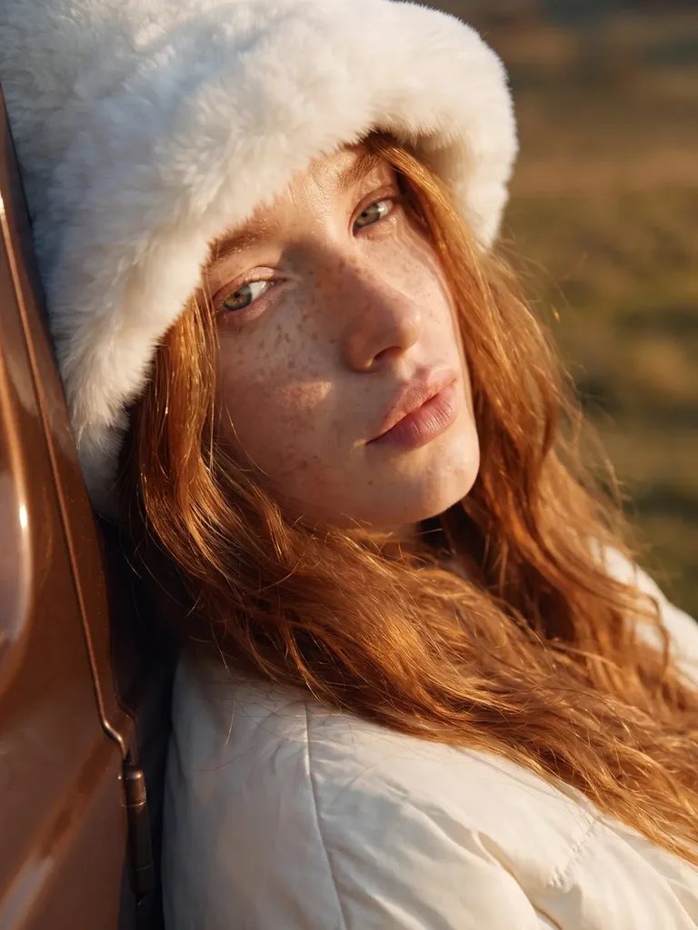 AI-generated winter portrait with white fur hat