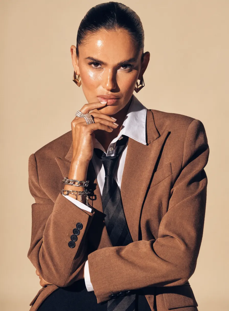 Tailored fashion look in soft studio light, AI product photography by ENLY