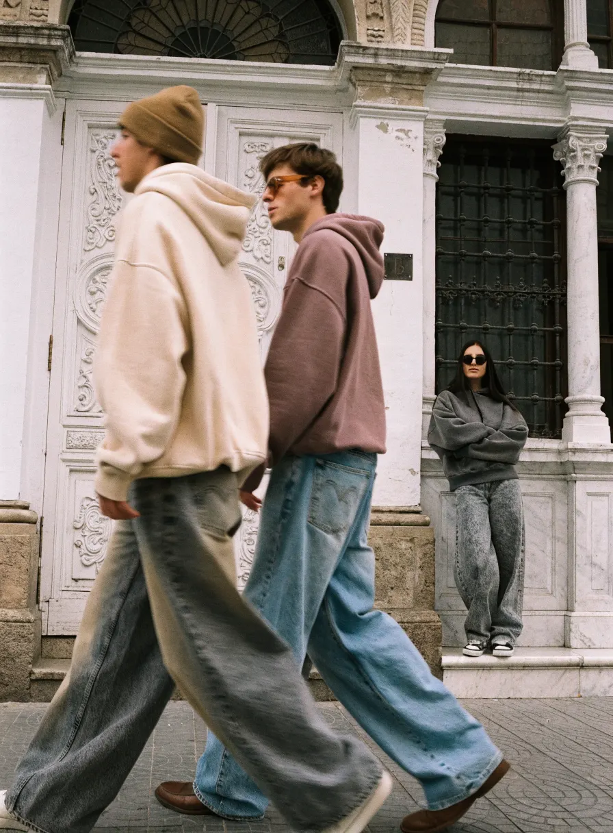 Streetwear hoodies in an urban scene, AI product photography by ENLY
